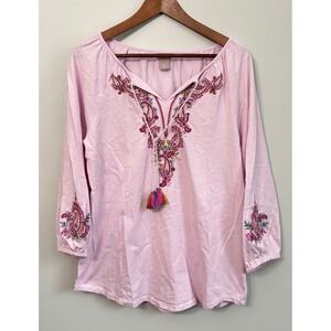 Chicos Womens  Tunic 1 /‎ M Embroidered Paisley Tunic TopPink Boho Tassels